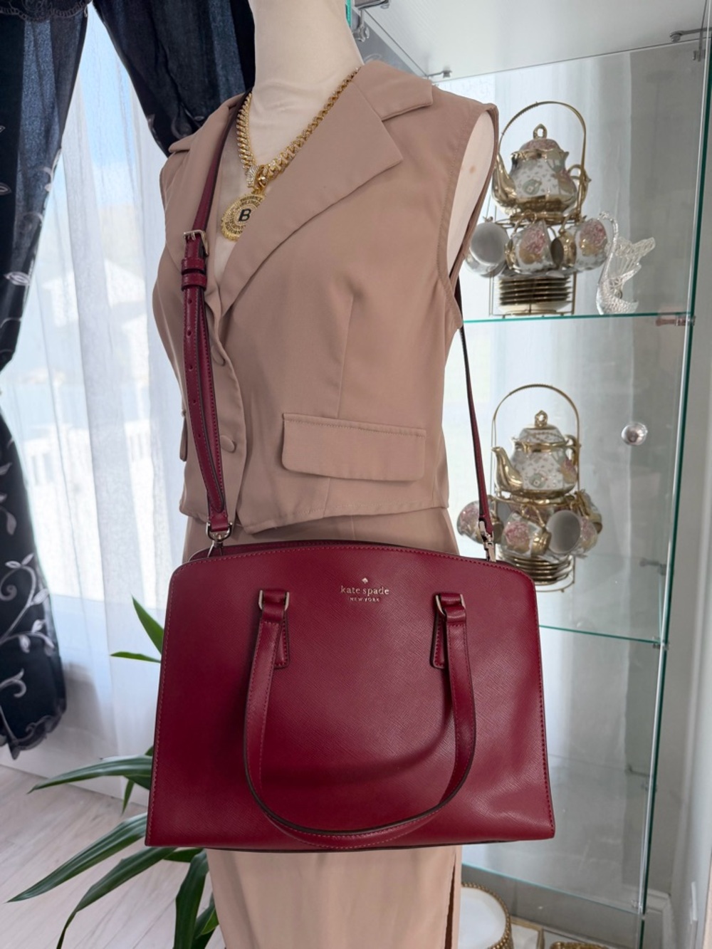 NWOT kate spade Burgundy Leather Satchel with Removable Strap